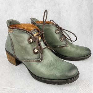 Pikolinos Womens Ankle Booties Green Leather Lace Up Cuban Heel 8.5 EUR 39